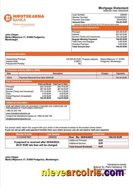 Montenegro Hipotekarna banka mortgage statement Word and PDF template